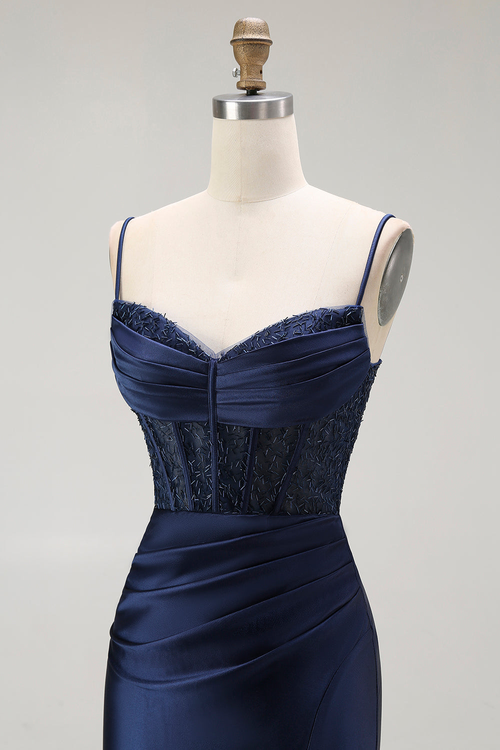 Sparkly Navy Satin Mermaid Long Corset Prom Dress with Beading