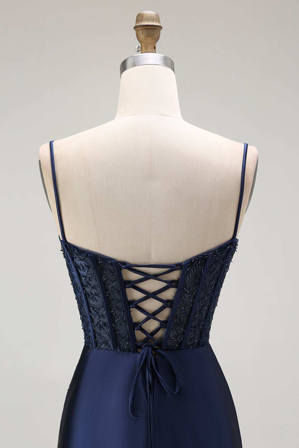 Sparkly Navy Satin Mermaid Long Corset Prom Dress with Beading