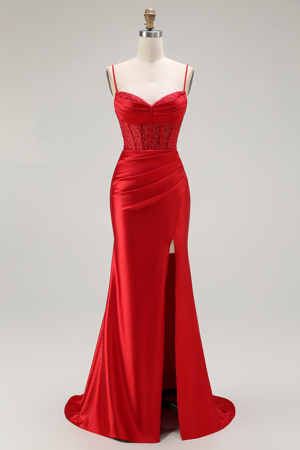 Sparkly Grey Mermaid Satin Long Corset Prom Dress with Slit