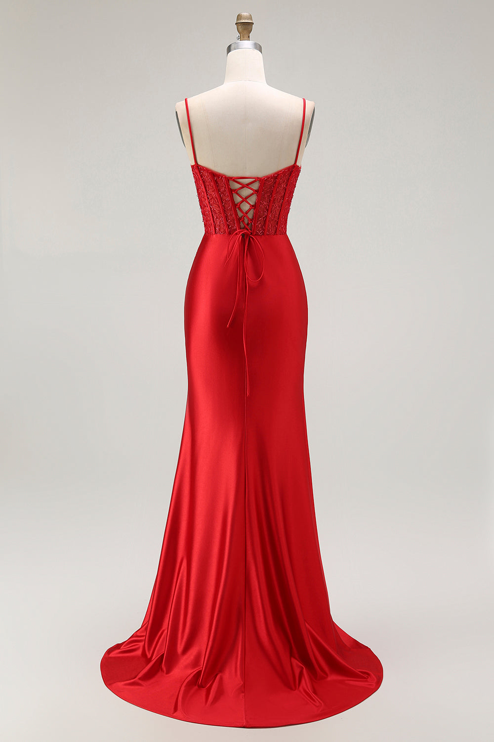 Sparkly Red Satin Ruched Long Corset Prom Dress with Slit