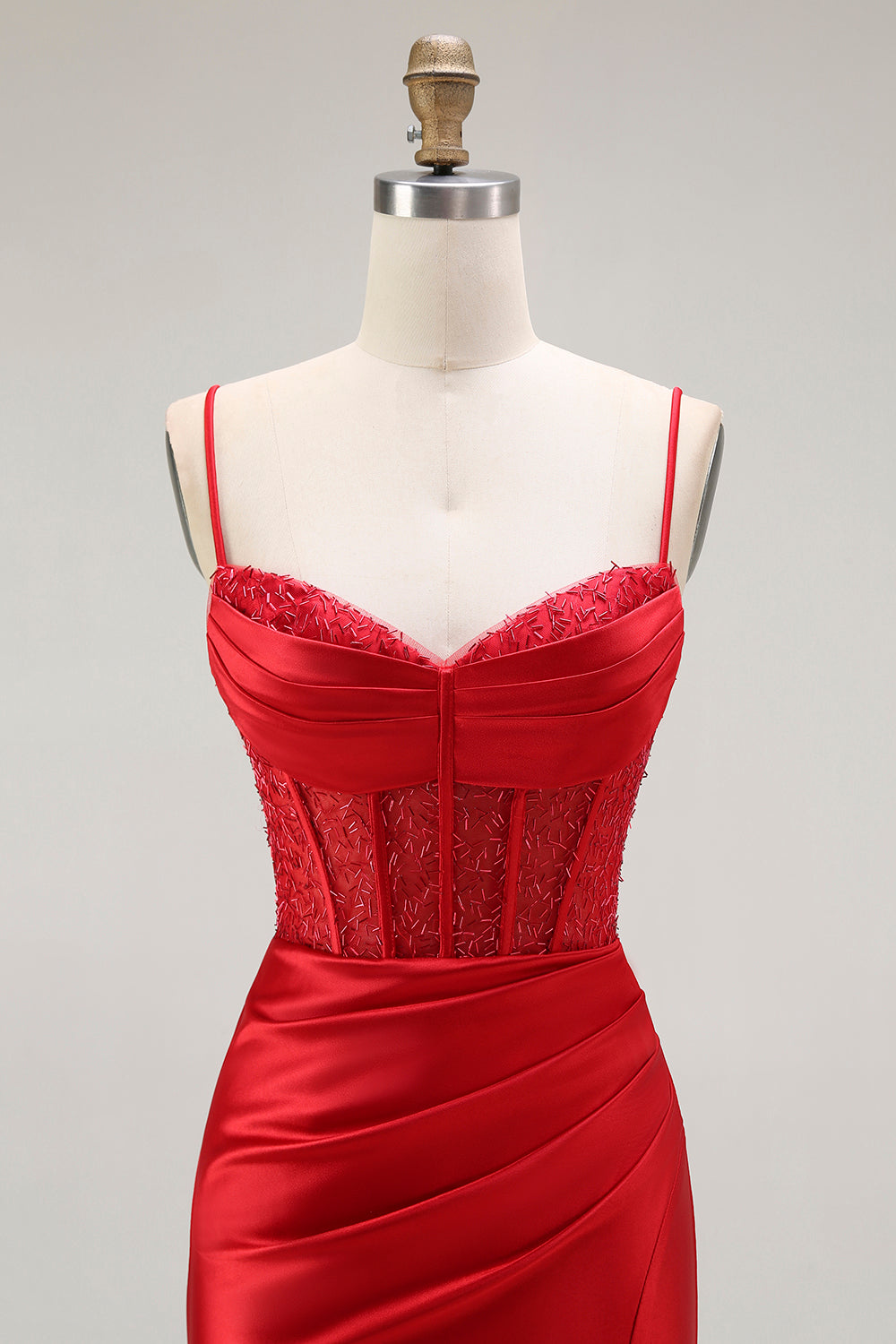 Sparkly Red Satin Ruched Long Corset Prom Dress with Slit