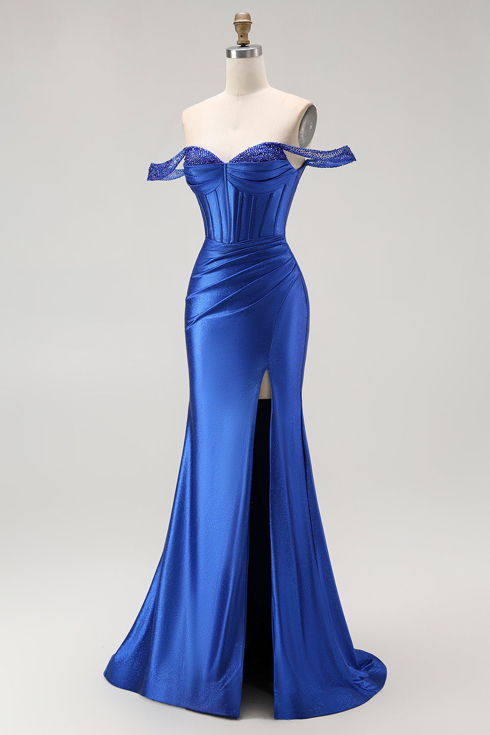 Sparkly Royal Blue Corset Off the Shoulder Long Prom Dress with Slit