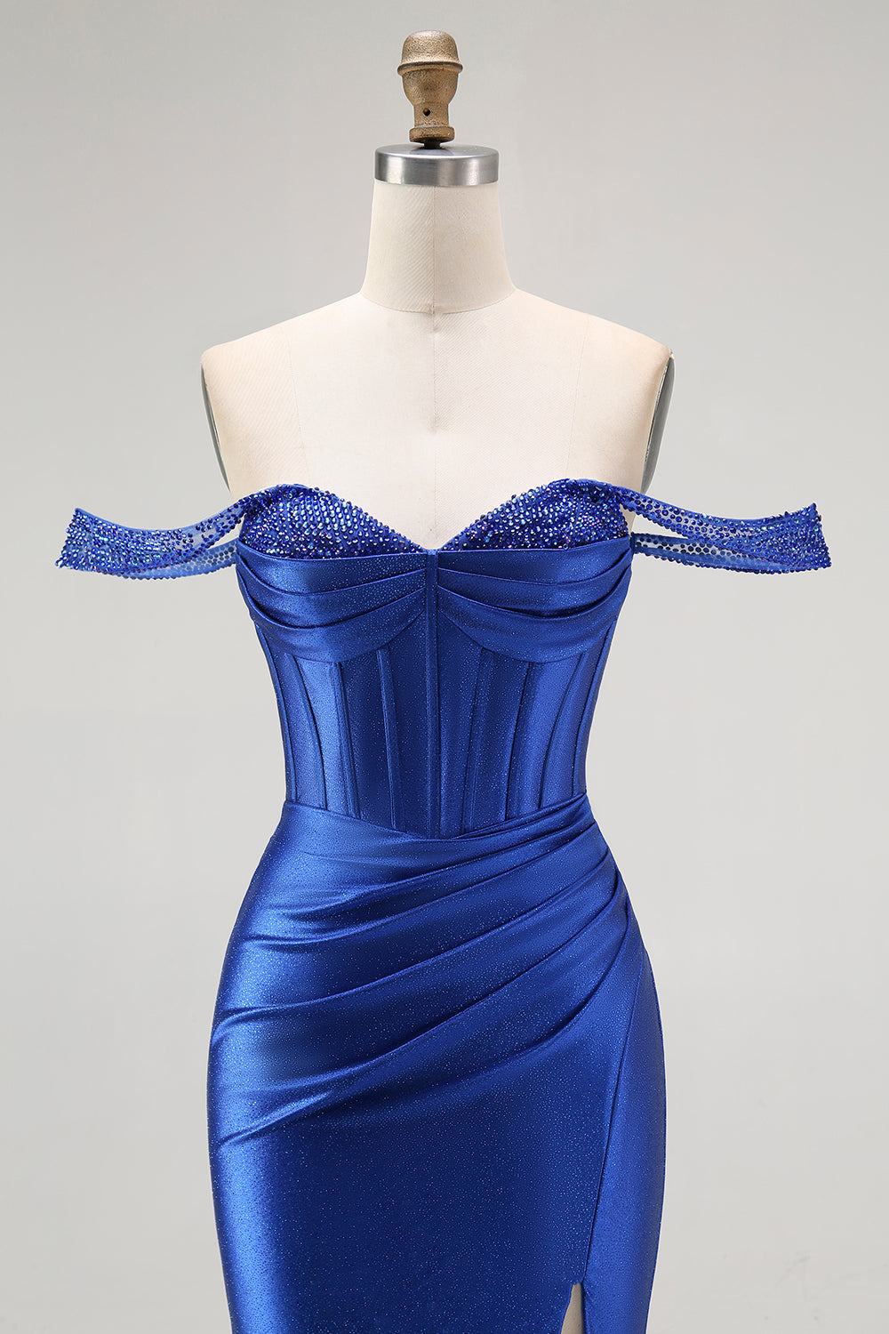 Sparkly Royal Blue Corset Off the Shoulder Long Prom Dress with Slit