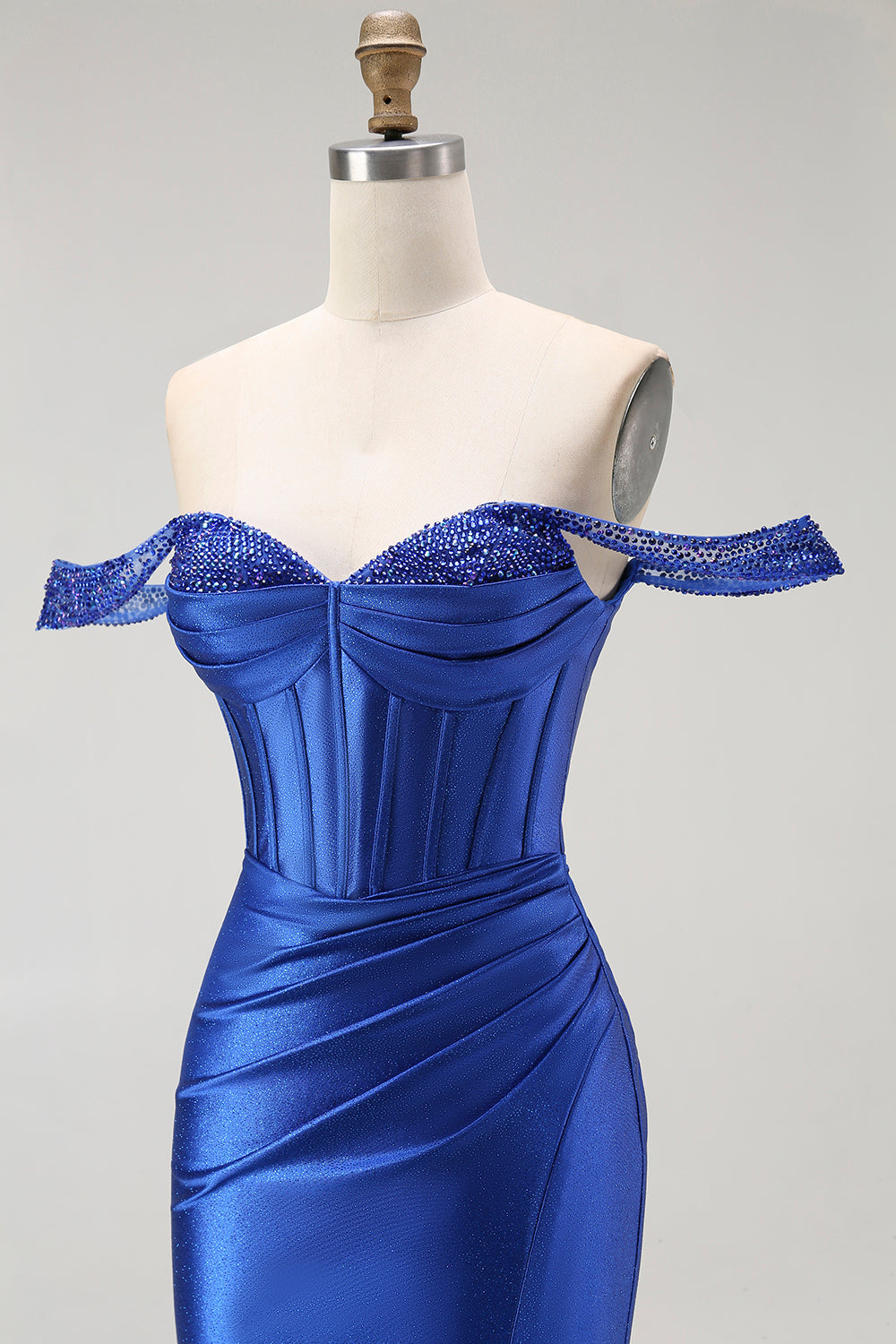 Sparkly Royal Blue Corset Off the Shoulder Long Prom Dress with Slit