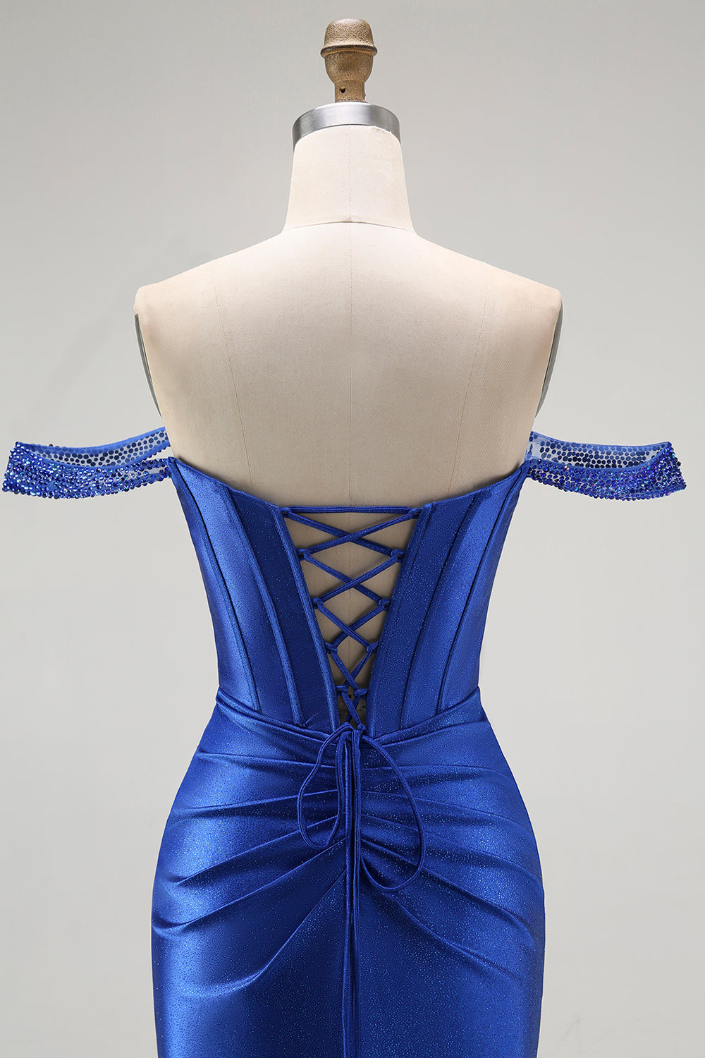 Sparkly Royal Blue Corset Off the Shoulder Long Prom Dress with Slit