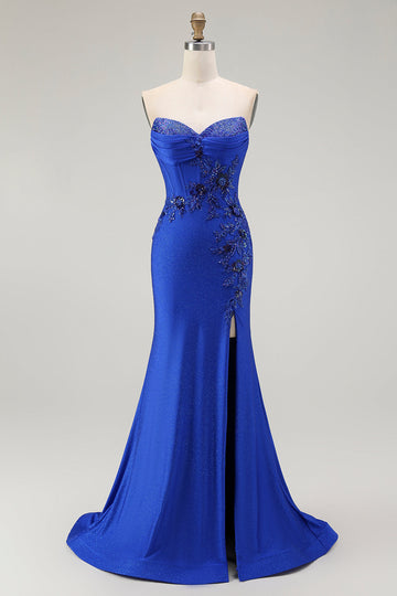 Sparkly Royal Blue Corset Mermaid Floral Long Prom Dress with Beading