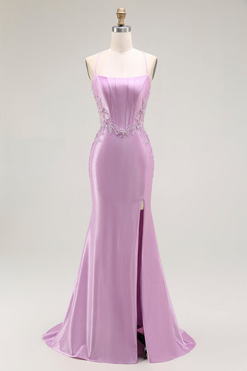 Purple Mermaid Corset Appliqued Long Prom Dress with Slit