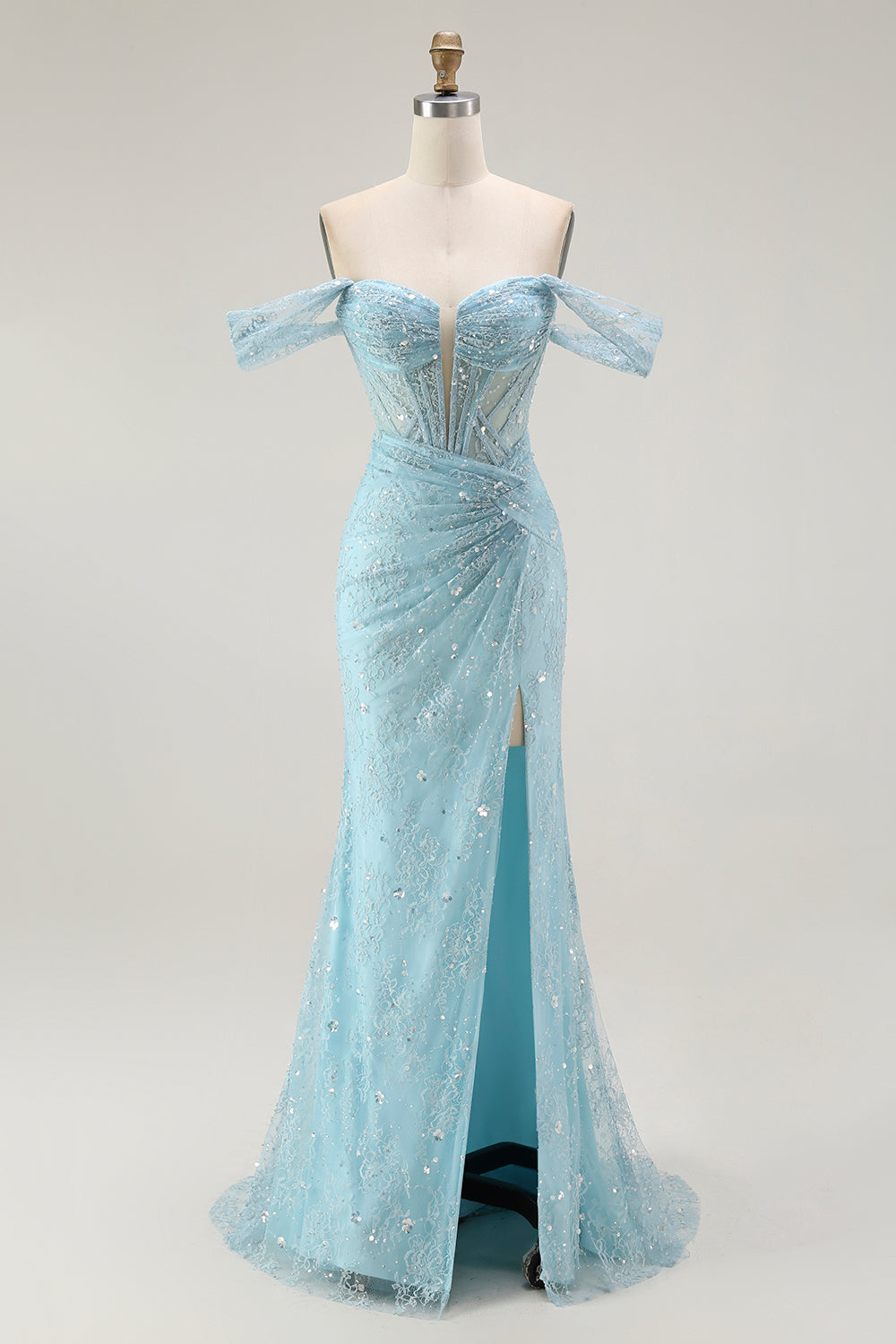 Sparkly Blue Corset Mermaid Off the Shoulder Long Prom Dress with Slit