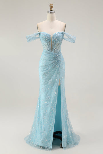 Sparkly Blue Corset Mermaid Off the Shoulder Long Prom Dress with Slit