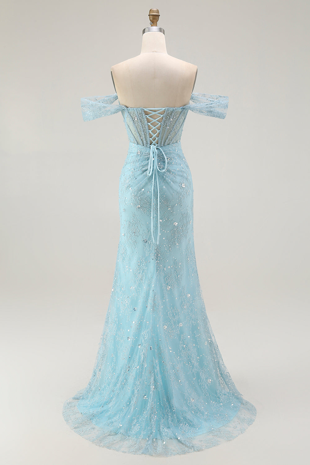 Sparkly Blue Corset Mermaid Off the Shoulder Long Prom Dress with Slit