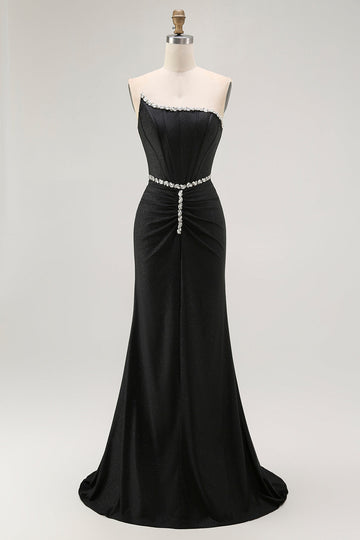 Sparkly Black Strapless Corset Mermaid Long Prom Dress