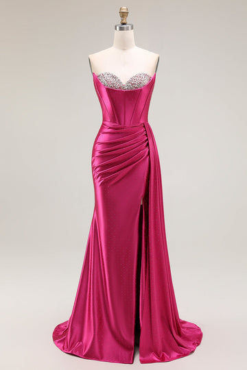 Sparkly Fuchsia Mermaid Strapless Corset Ruched Long Prom Dress