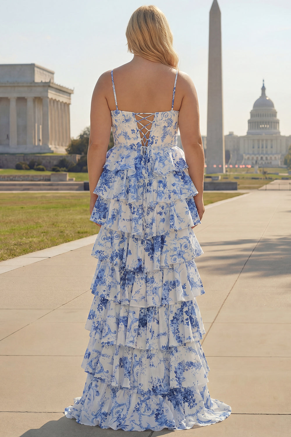 White Blue Flower A Line Ruffled Corset Long Prom Dress with Slit