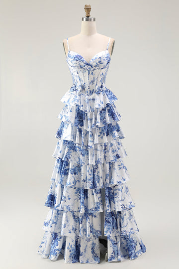 White Blue Flower A Line Ruffled Corset Long Prom Dress with Slit