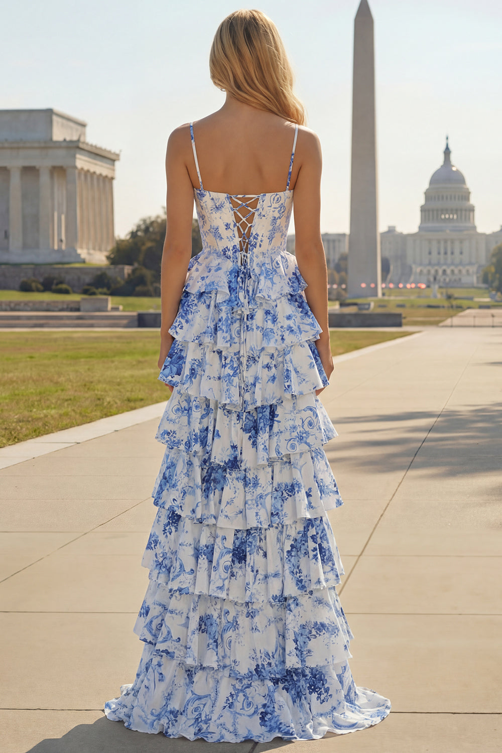 White Blue Flower A Line Ruffled Corset Long Prom Dress with Slit