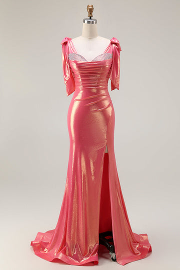 Sparkly Coral Beaded Mermaid Metallic Long Prom Dress with Slit