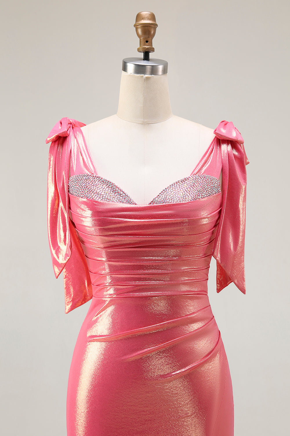 Sparkly Coral Beaded Mermaid Metallic Long Prom Dress with Slit