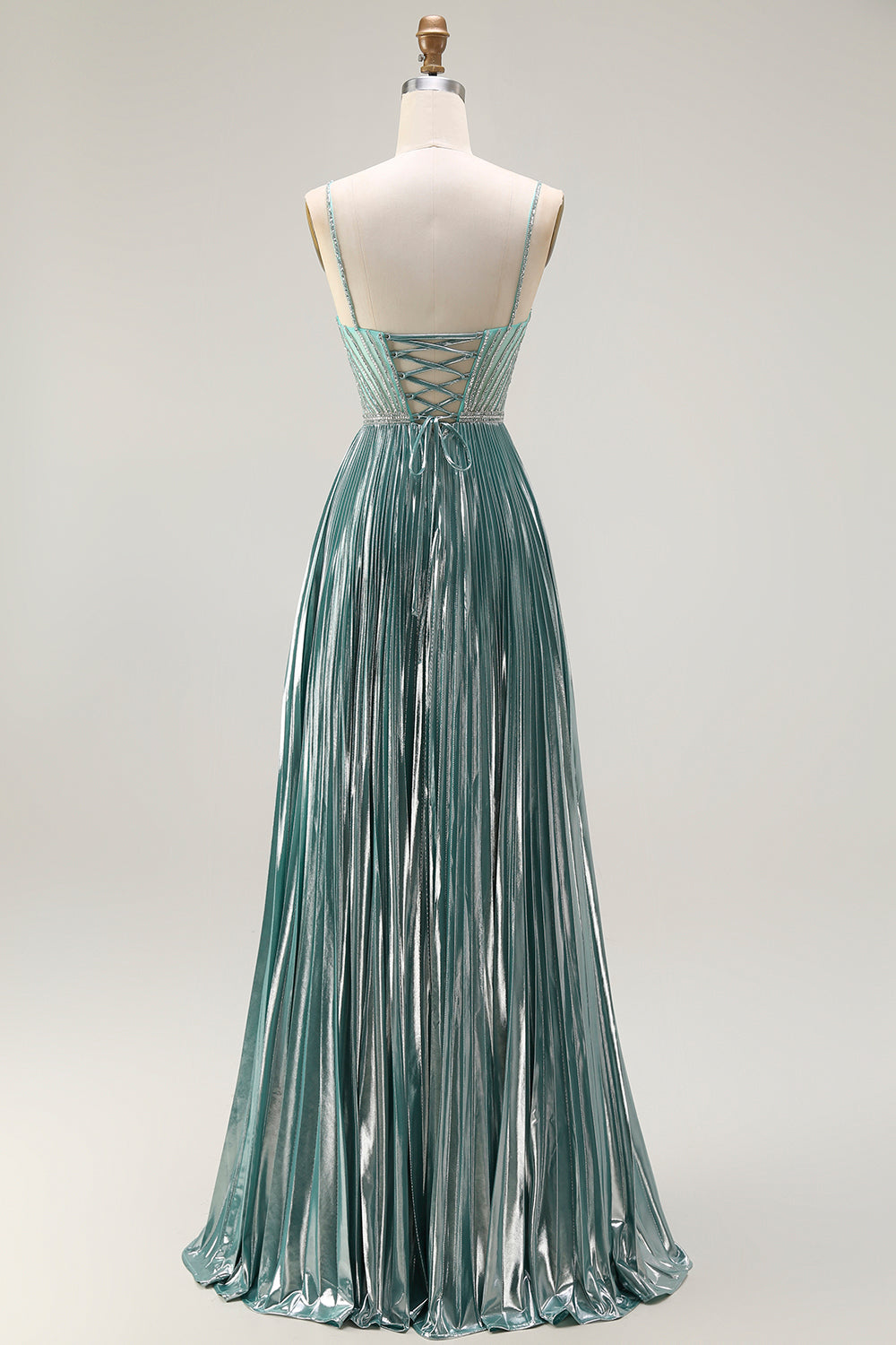 Sparkly Grey Green Metallic A Line Corset Long Prom Dress with Slit
