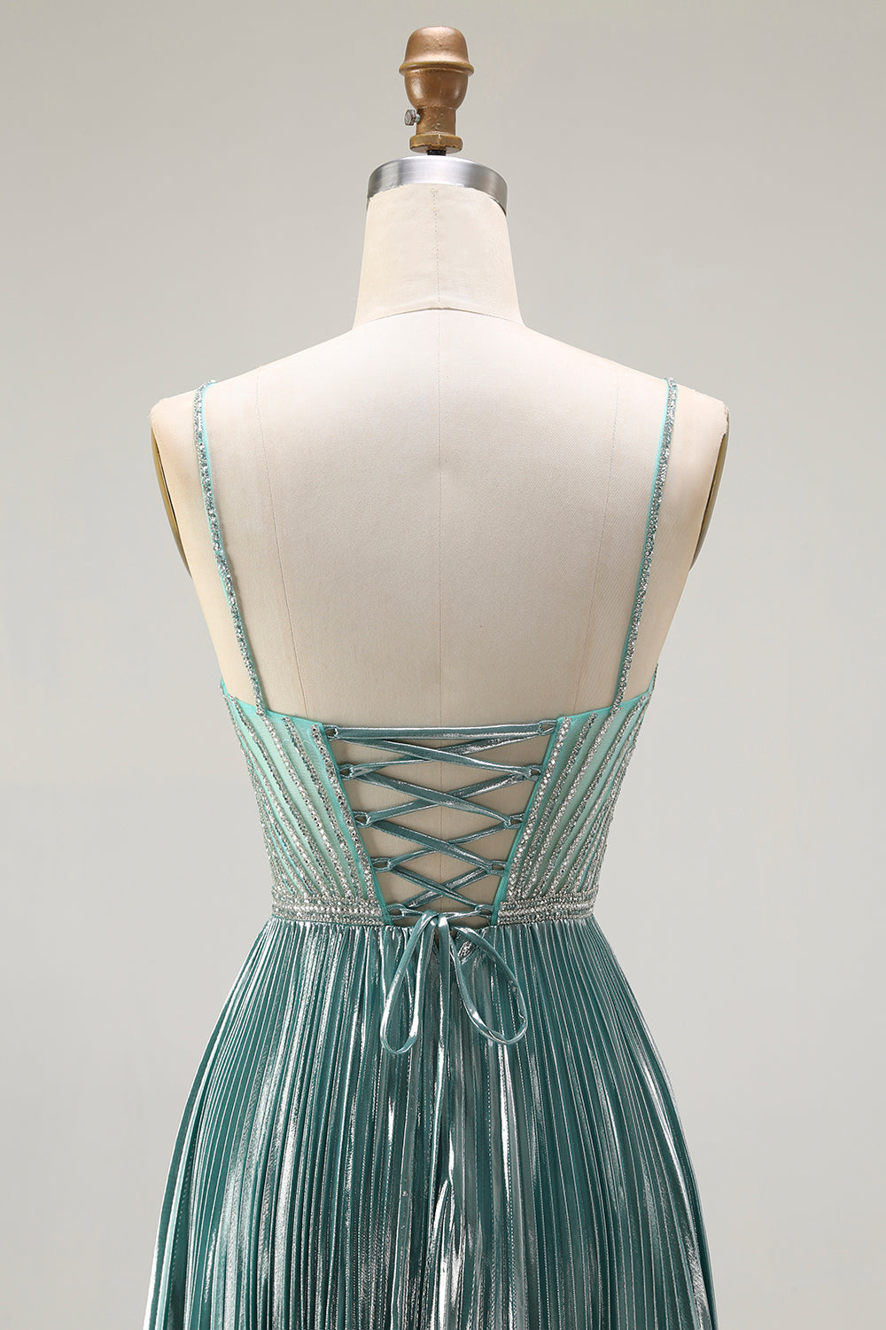 Sparkly Grey Green Metallic A Line Corset Long Prom Dress with Slit