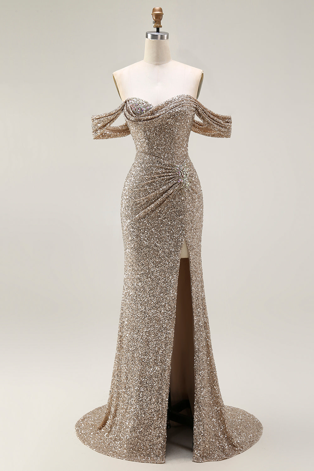 Plus Size Sparkly Champagne Mermaid Off the Shoulder Long Prom Dress with Slit