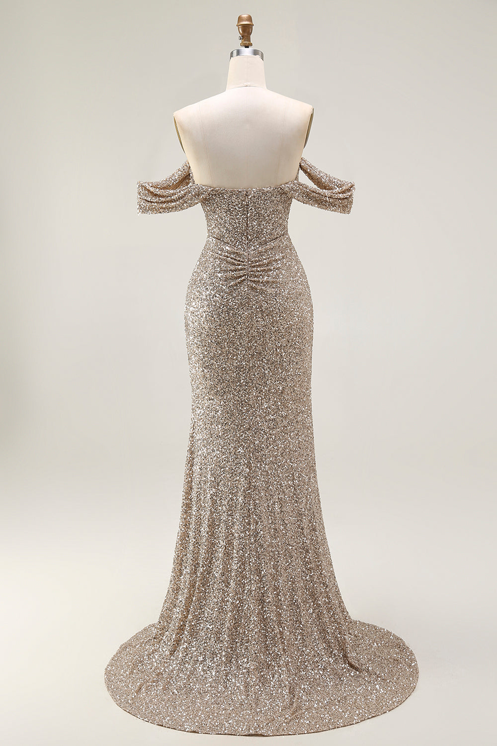 Plus Size Sparkly Champagne Mermaid Off the Shoulder Long Prom Dress with Slit