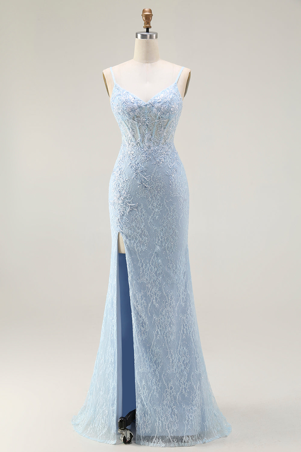 Sparkly Blue Lace Mermaid Corset Long Prom Dress with Slit
