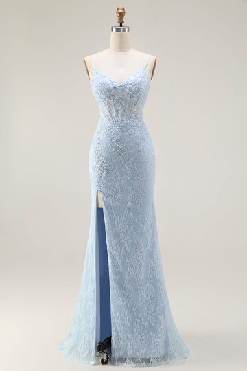 Sparkly Blue Lace Mermaid Corset Long Prom Dress with Slit