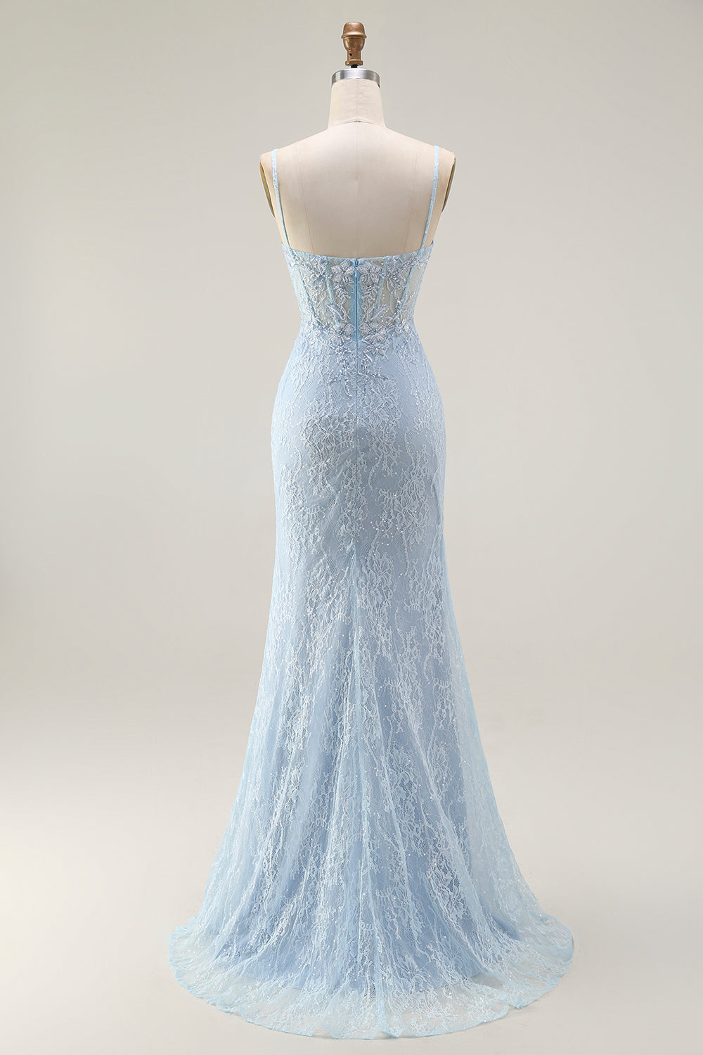 Sparkly Blue Lace Mermaid Corset Long Prom Dress with Slit