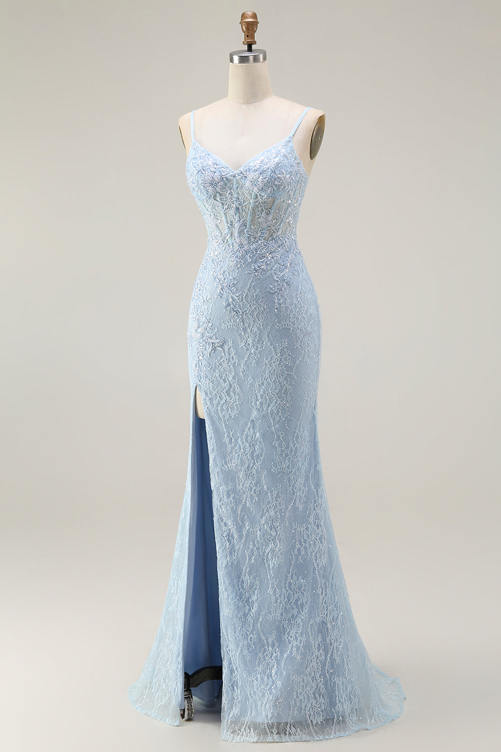 Sparkly Blue Lace Mermaid Corset Long Prom Dress with Slit