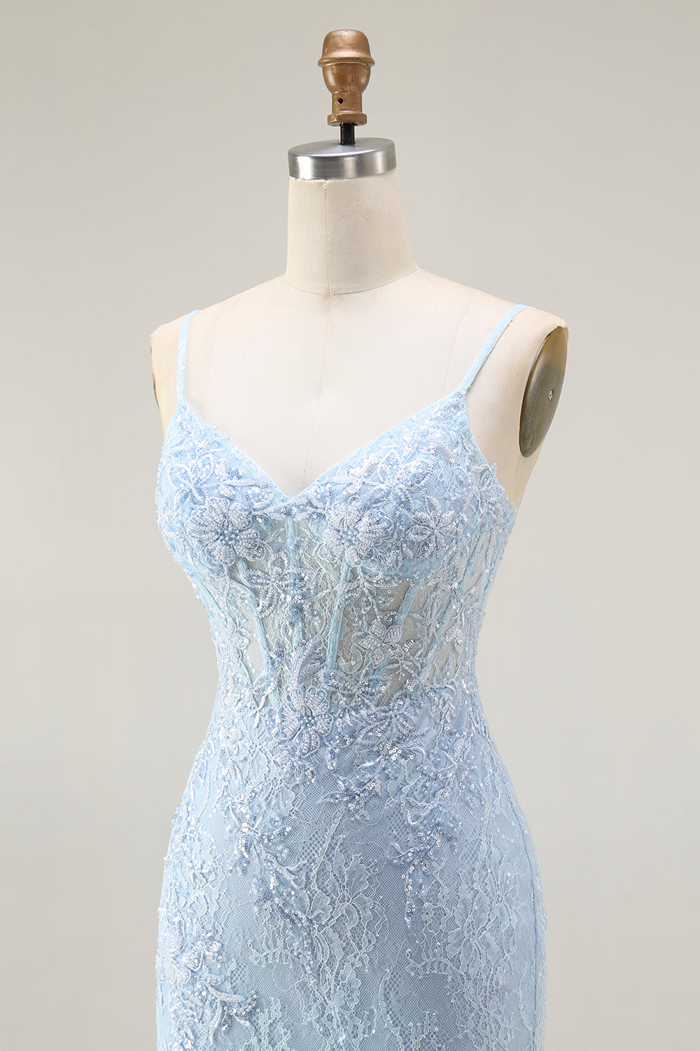 Sparkly Blue Lace Mermaid Corset Long Prom Dress with Slit