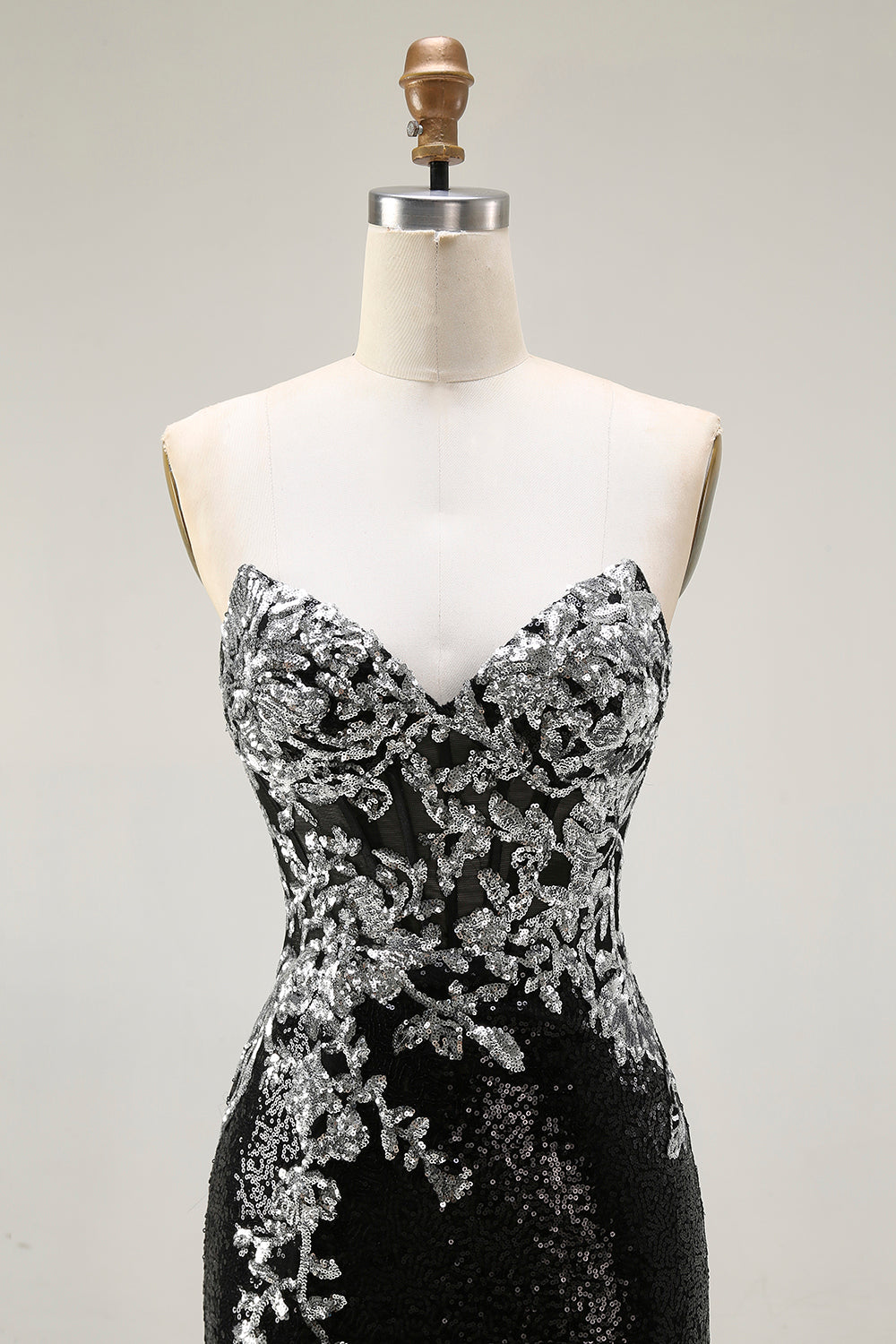 Sparkly Black Silver Sequin Strapless Mermaid Long Prom Dress