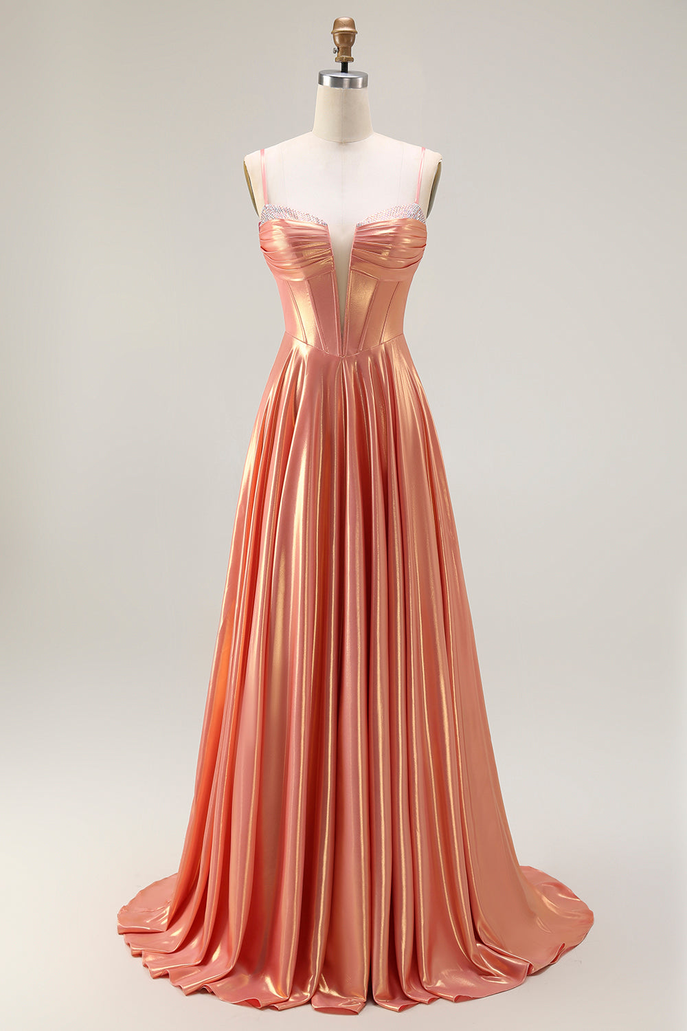 Sparkly Orange Metallic Spaghetti Straps Corset Long Prom Dress