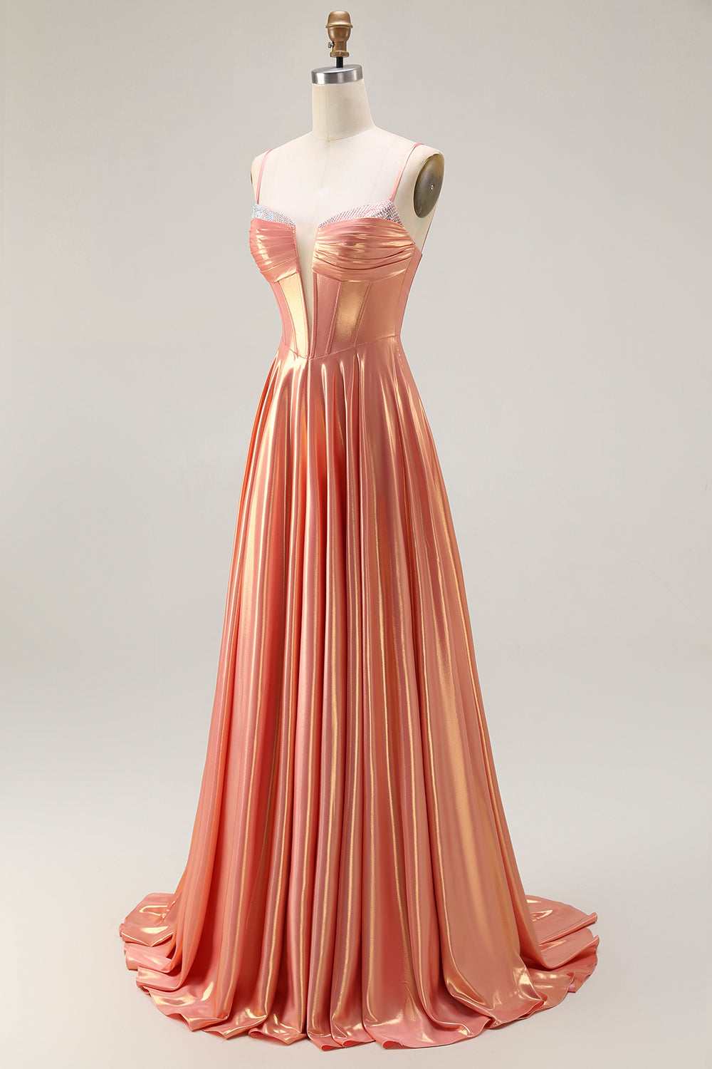 Sparkly Orange Metallic Spaghetti Straps Corset Long Prom Dress