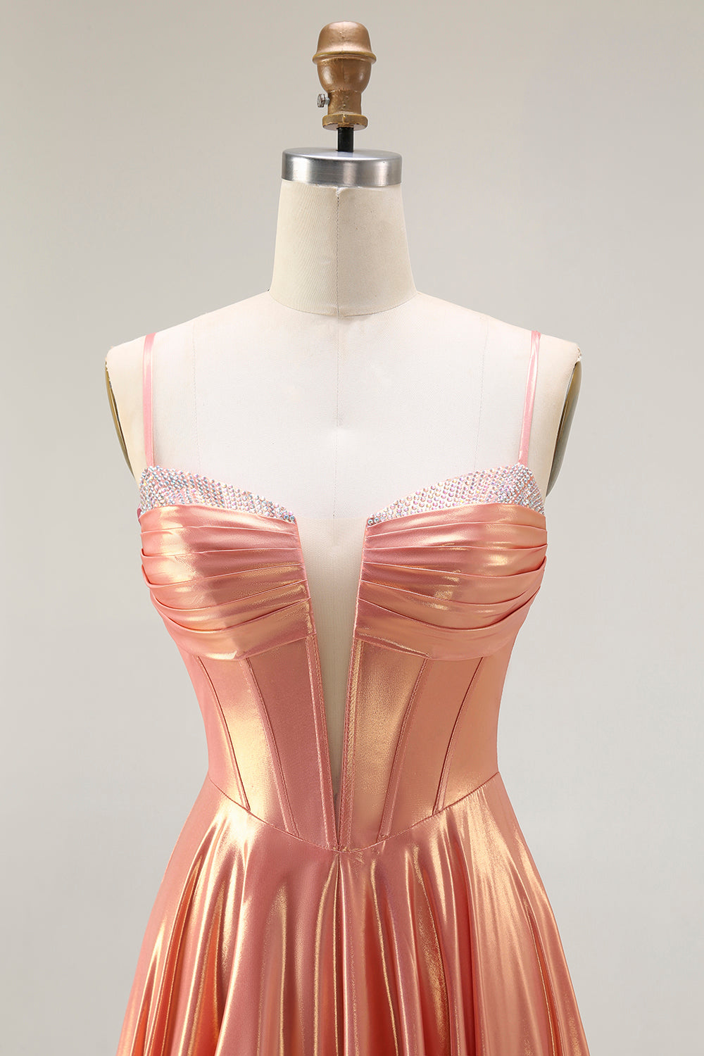 Sparkly Orange Metallic Spaghetti Straps Corset Long Prom Dress