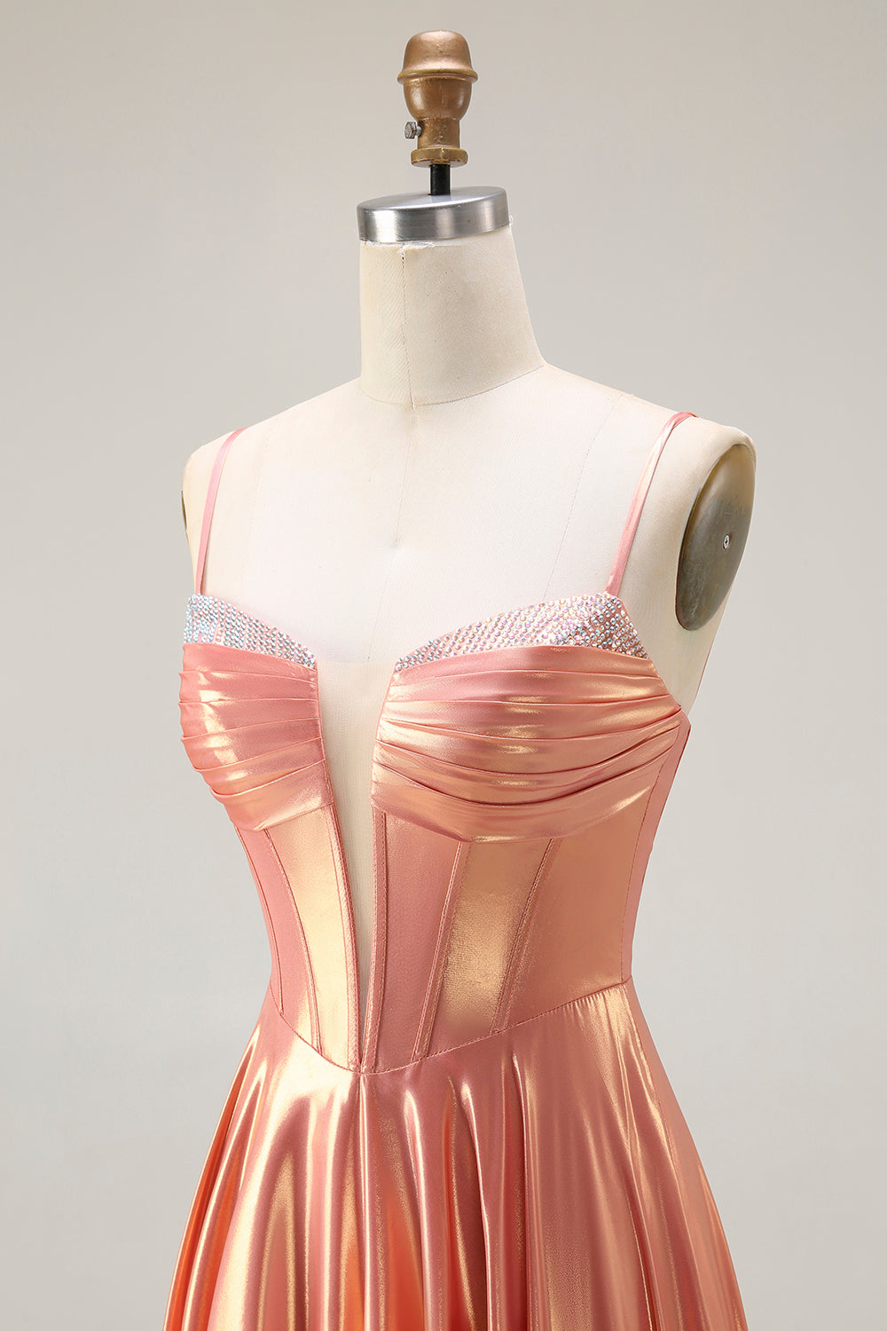 Sparkly Orange Metallic Spaghetti Straps Corset Long Prom Dress