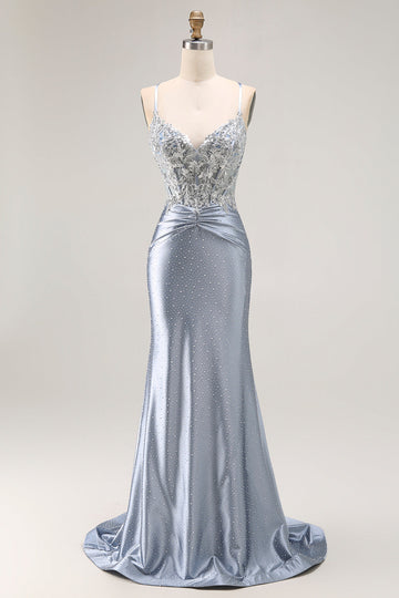 Sparkly Grey Blue Corset Mermaid Beaded Long Prom Dress with Appliques