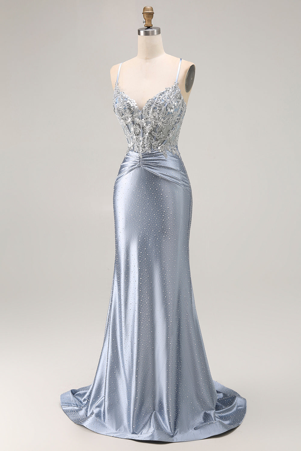 Sparkly Grey Blue Corset Mermaid Beaded Long Prom Dress with Appliques