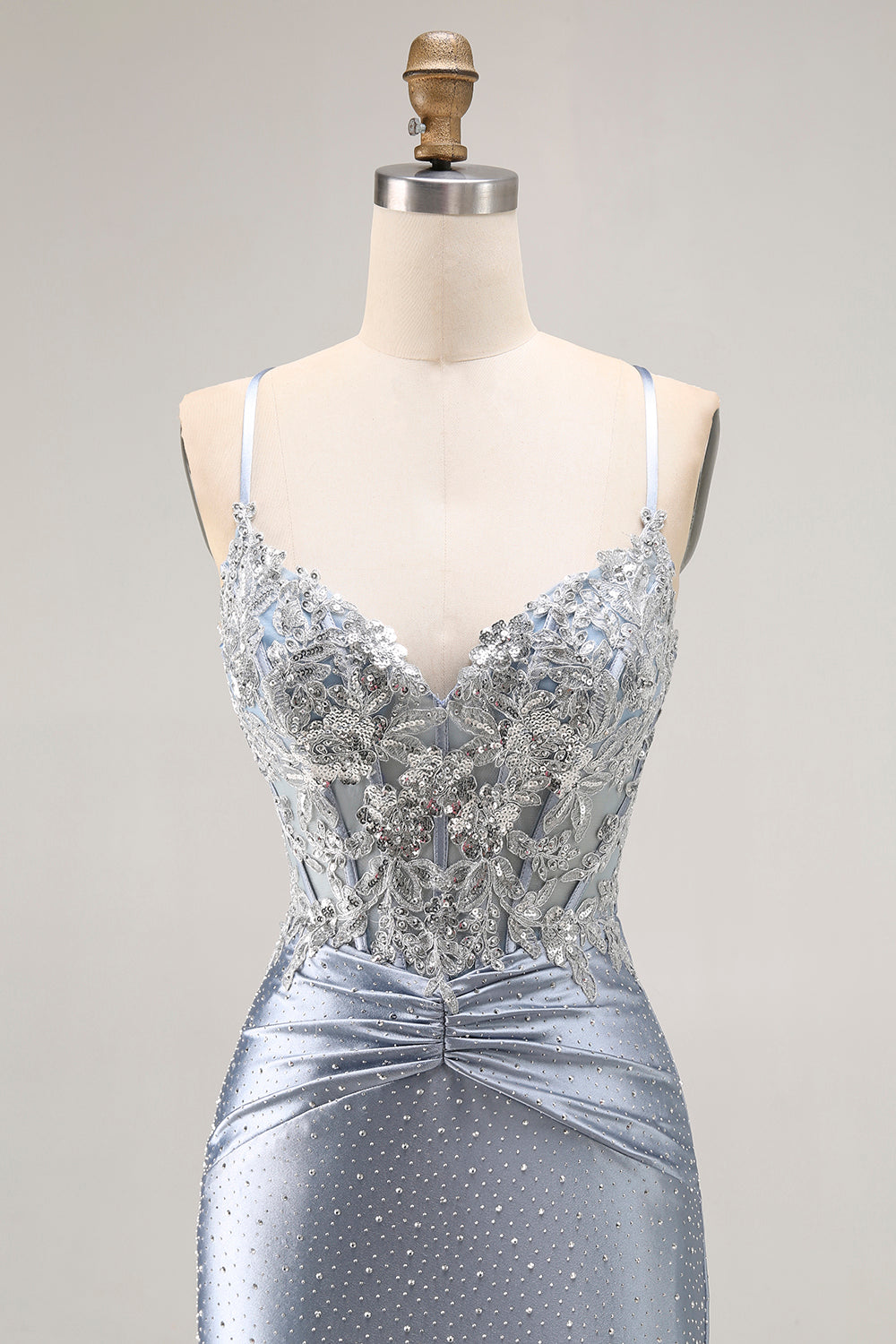 Sparkly Grey Blue Corset Mermaid Beaded Long Prom Dress with Appliques