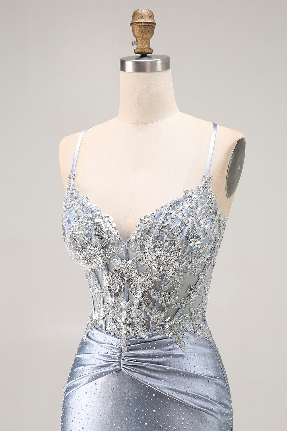 Sparkly Grey Blue Corset Mermaid Beaded Long Prom Dress with Appliques