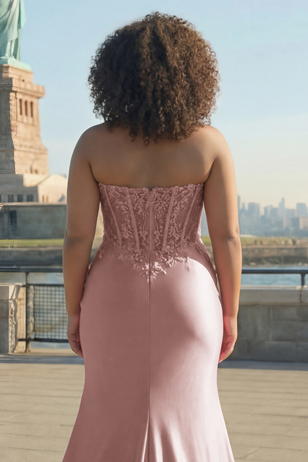 Plus Size Sparkly Blush Mermaid Corset Long Prom Dress with Slit