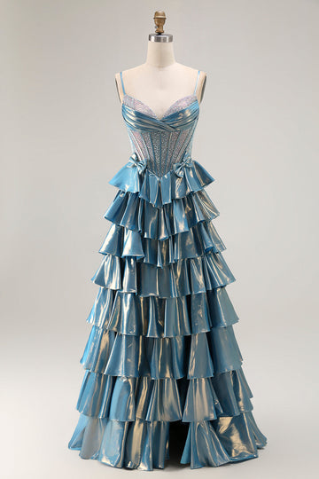Sparkly Blue Ruffled Metallic Corset Beaded Long Prom Dress with Bow