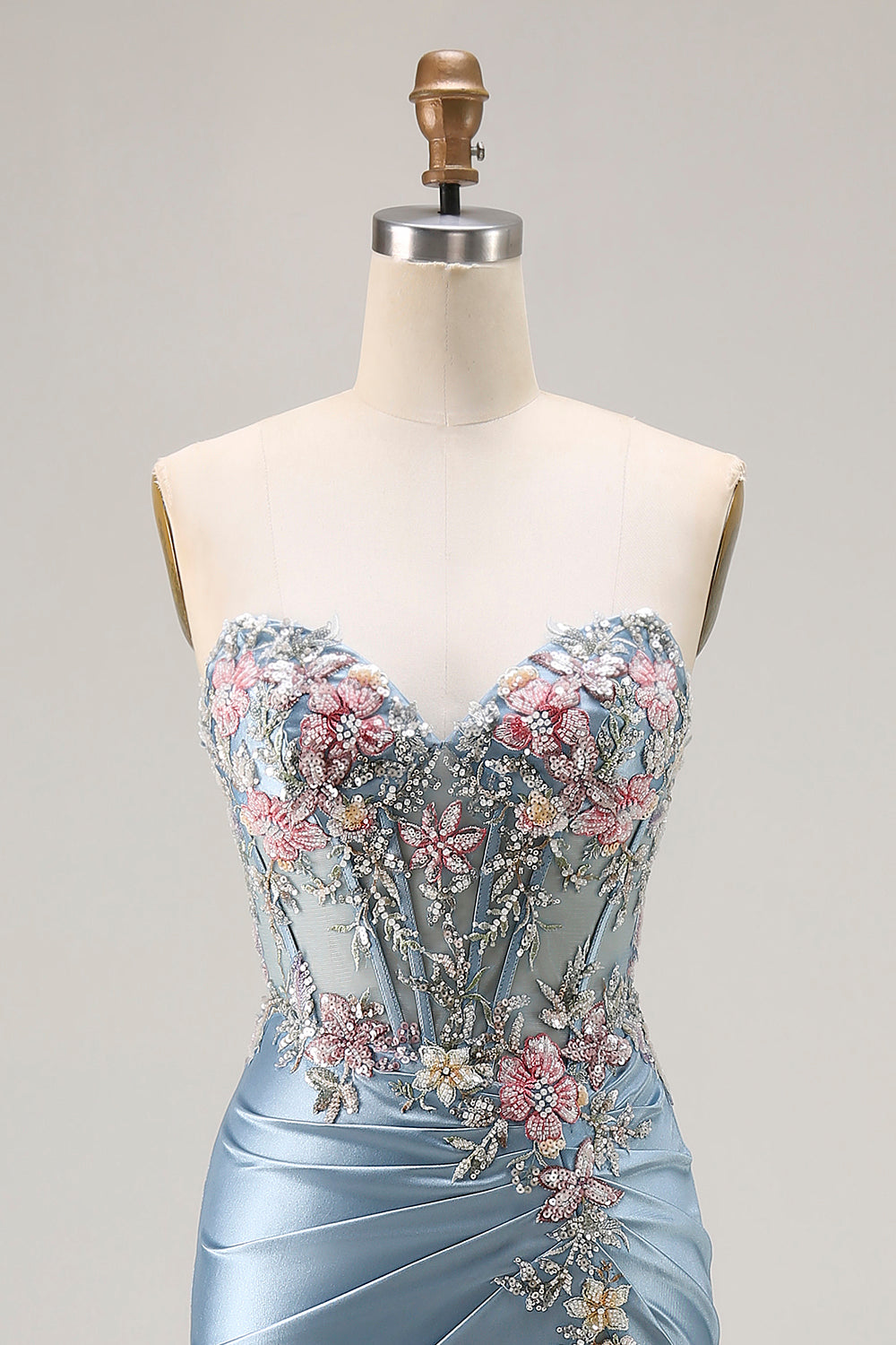 Floral Grey Blue Satin Mermaid Ruched Long Corset Prom Dress with Slit