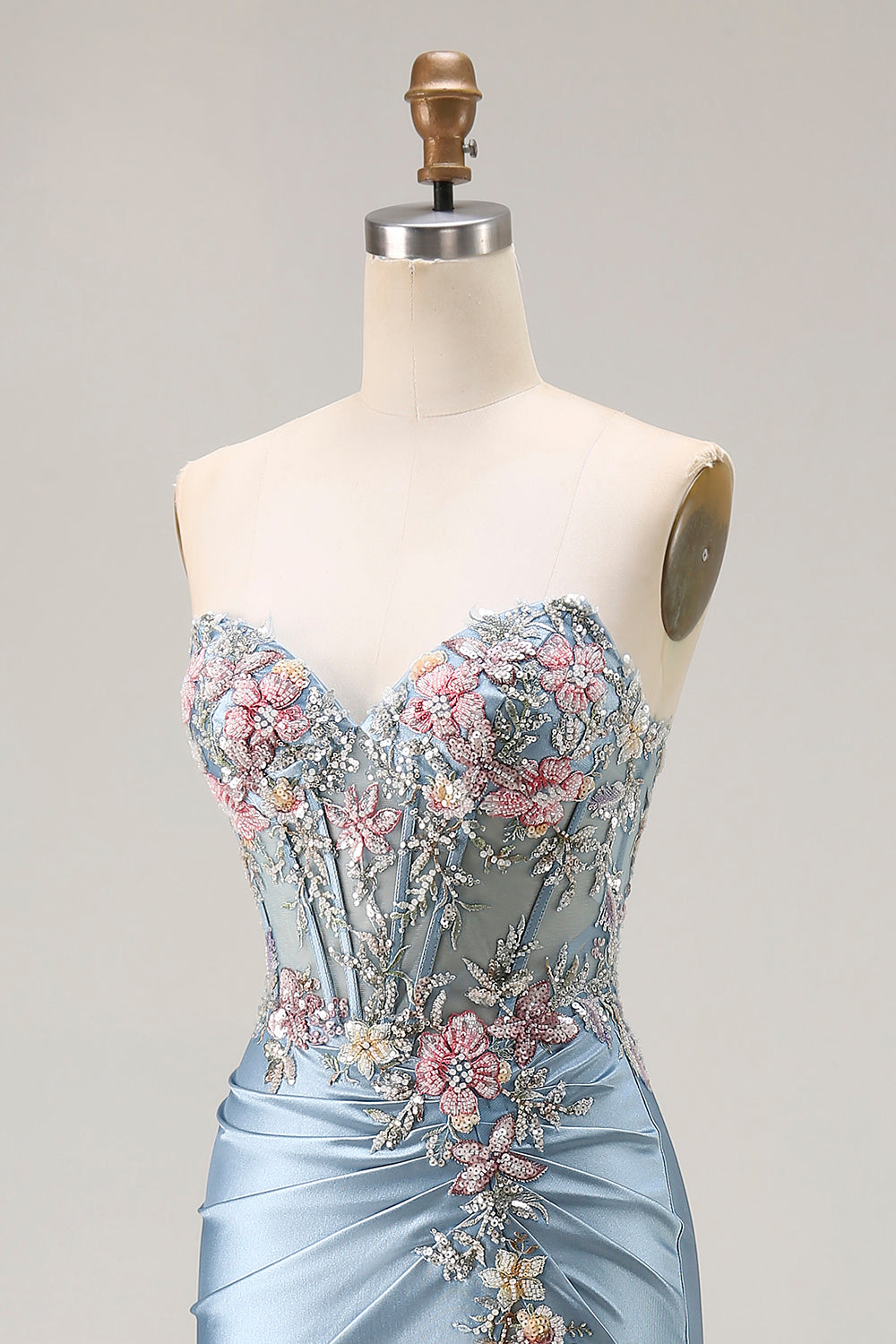 Floral Grey Blue Satin Mermaid Ruched Long Corset Prom Dress with Slit