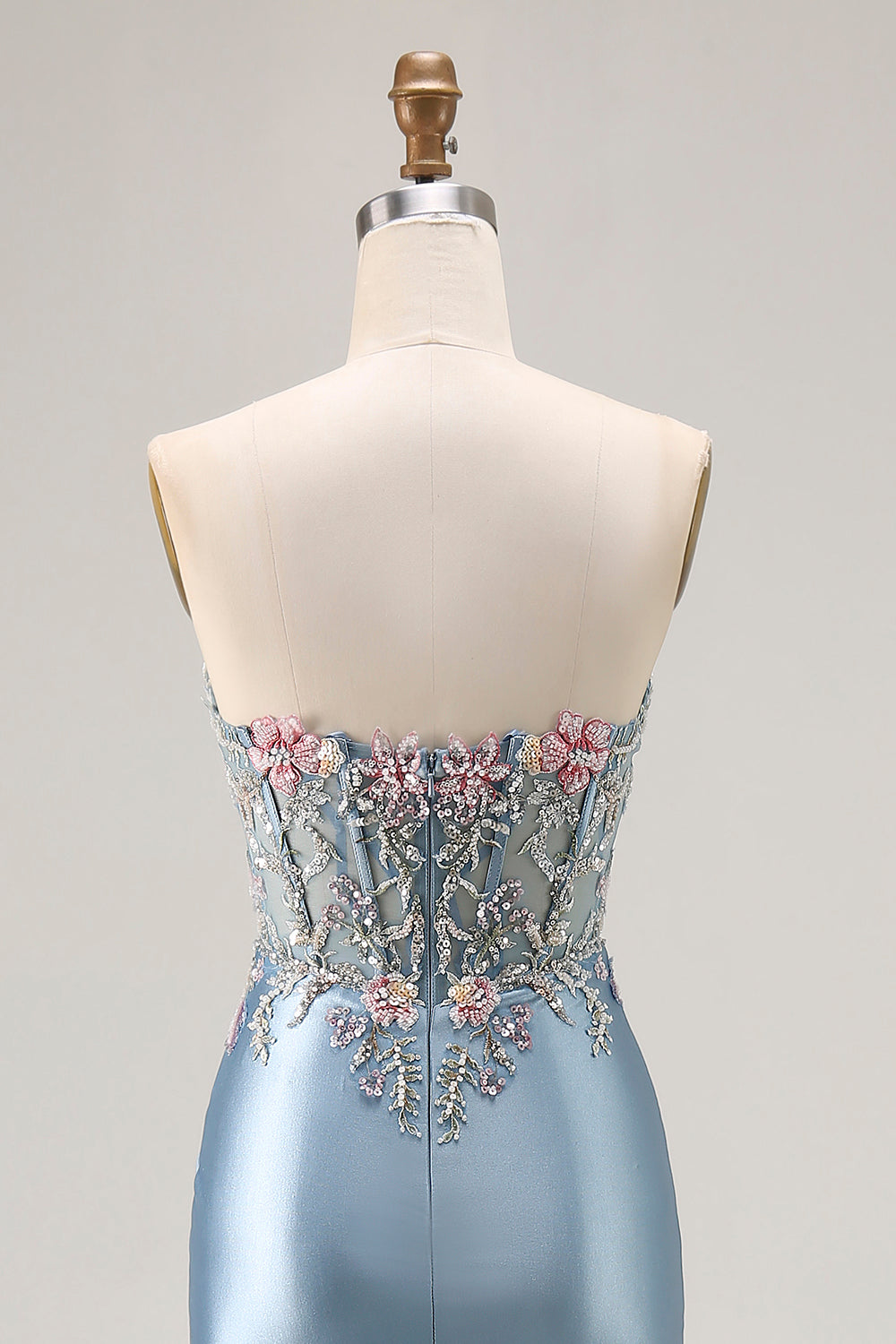 Floral Grey Blue Satin Mermaid Ruched Long Corset Prom Dress with Slit