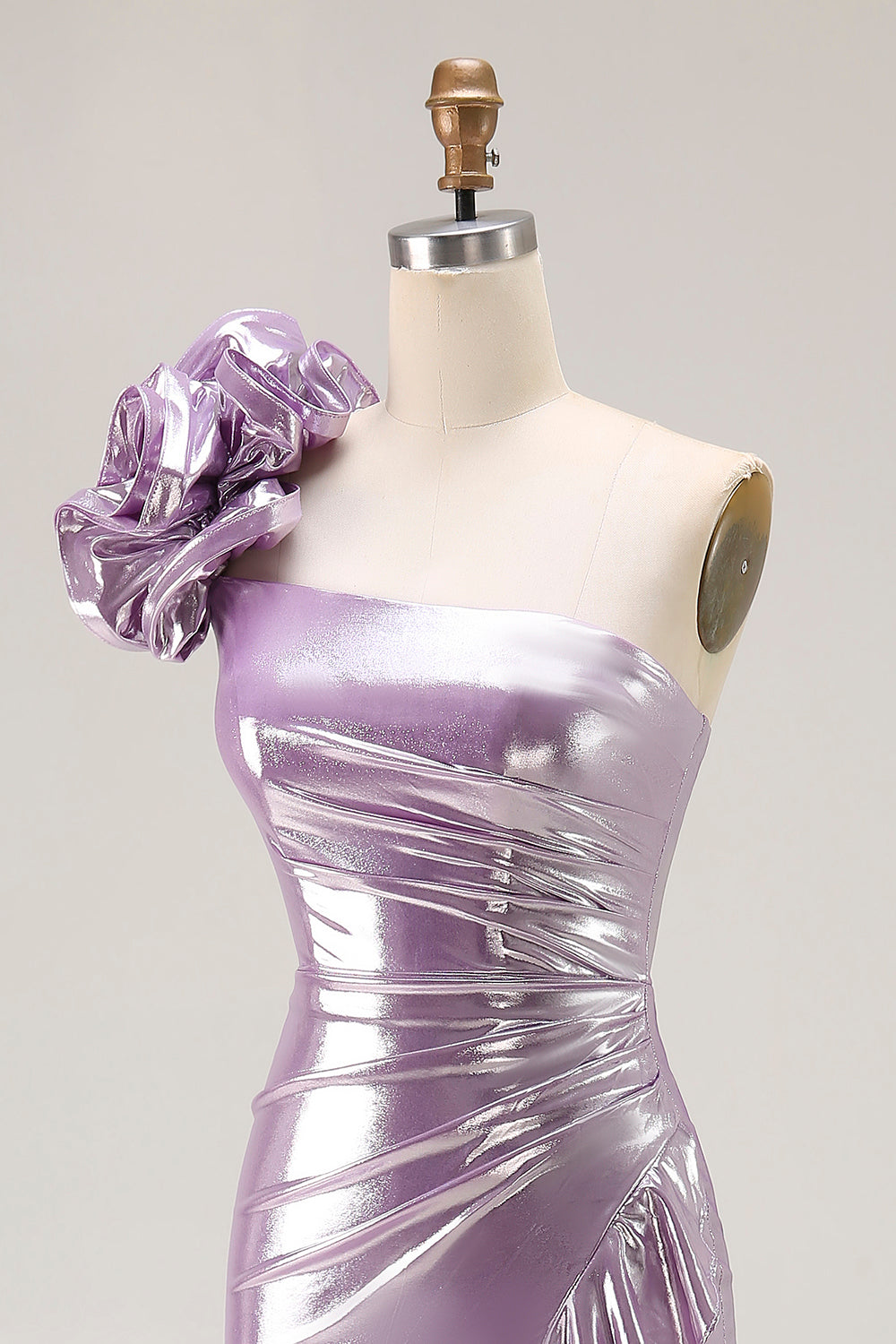 Sparkly Light Purple Metallic Mermaid Ruffled Long Prom Dress with 3D Flower