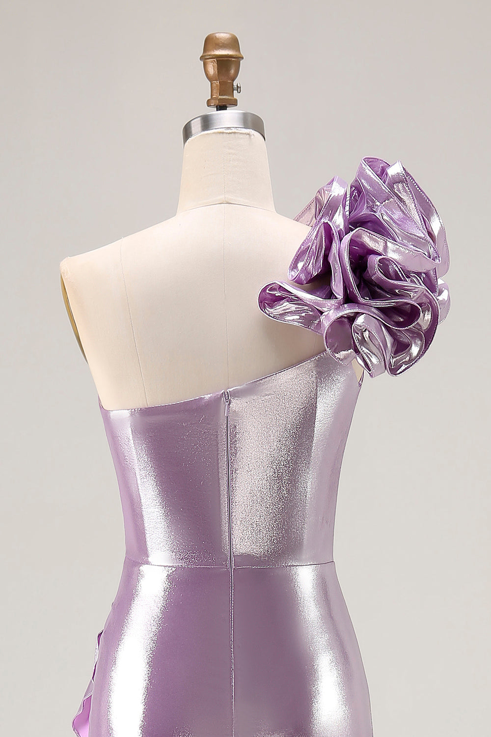 Sparkly Light Purple Metallic Mermaid Ruffled Long Prom Dress with 3D Flower