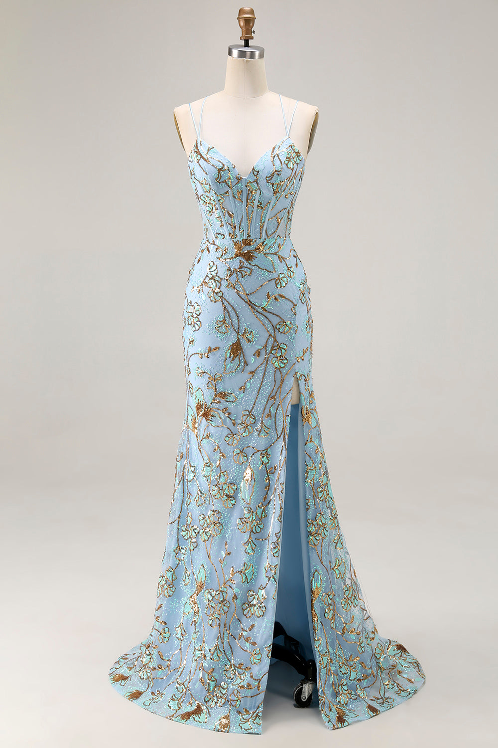 Sparkly Lake Blue Sequins Mermaid Long Corset Prom Dress with Slit