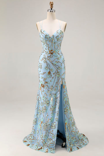 Sparkly Lake Blue Sequins Mermaid Long Corset Prom Dress with Slit