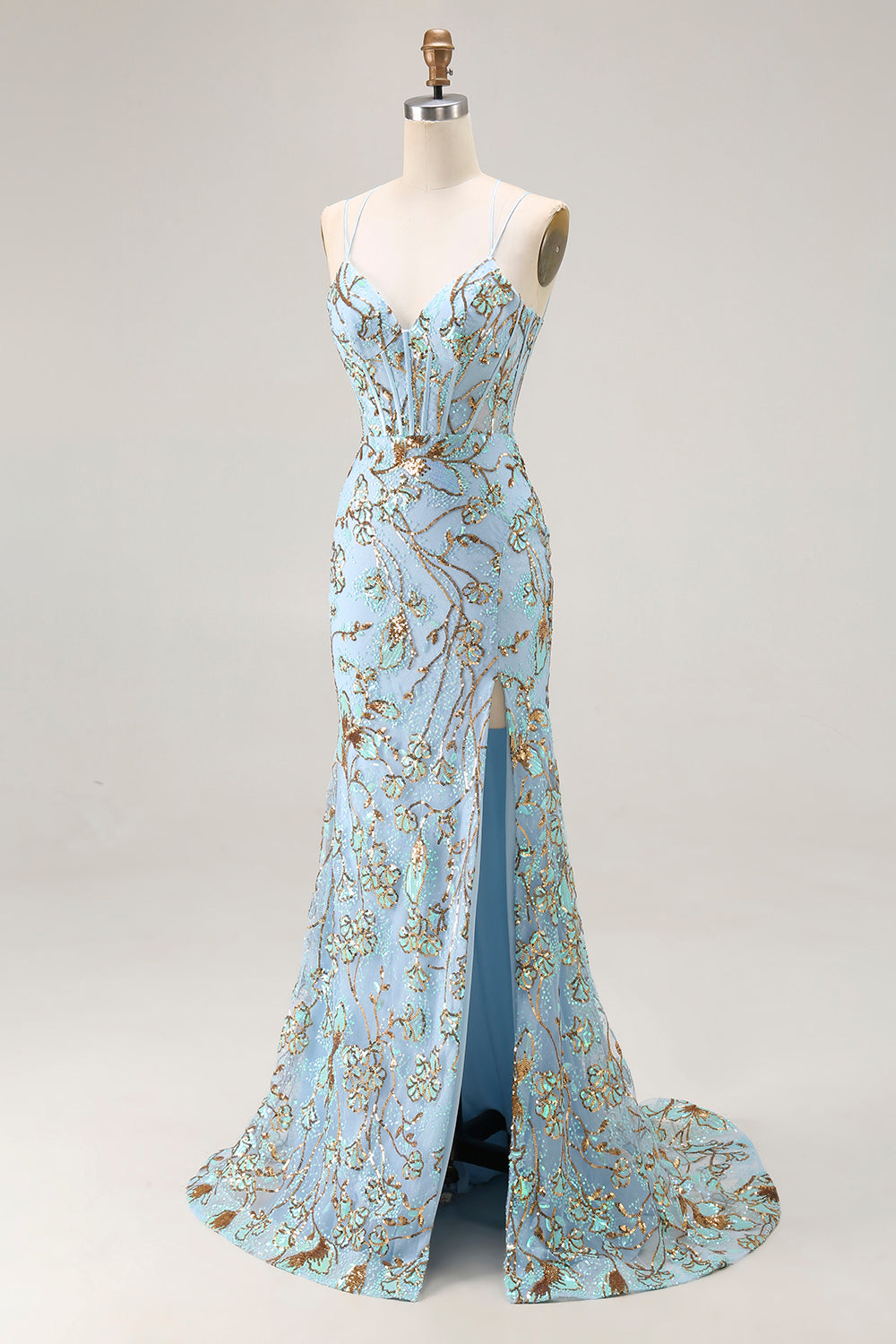 Sparkly Lake Blue Sequins Mermaid Long Corset Prom Dress with Slit