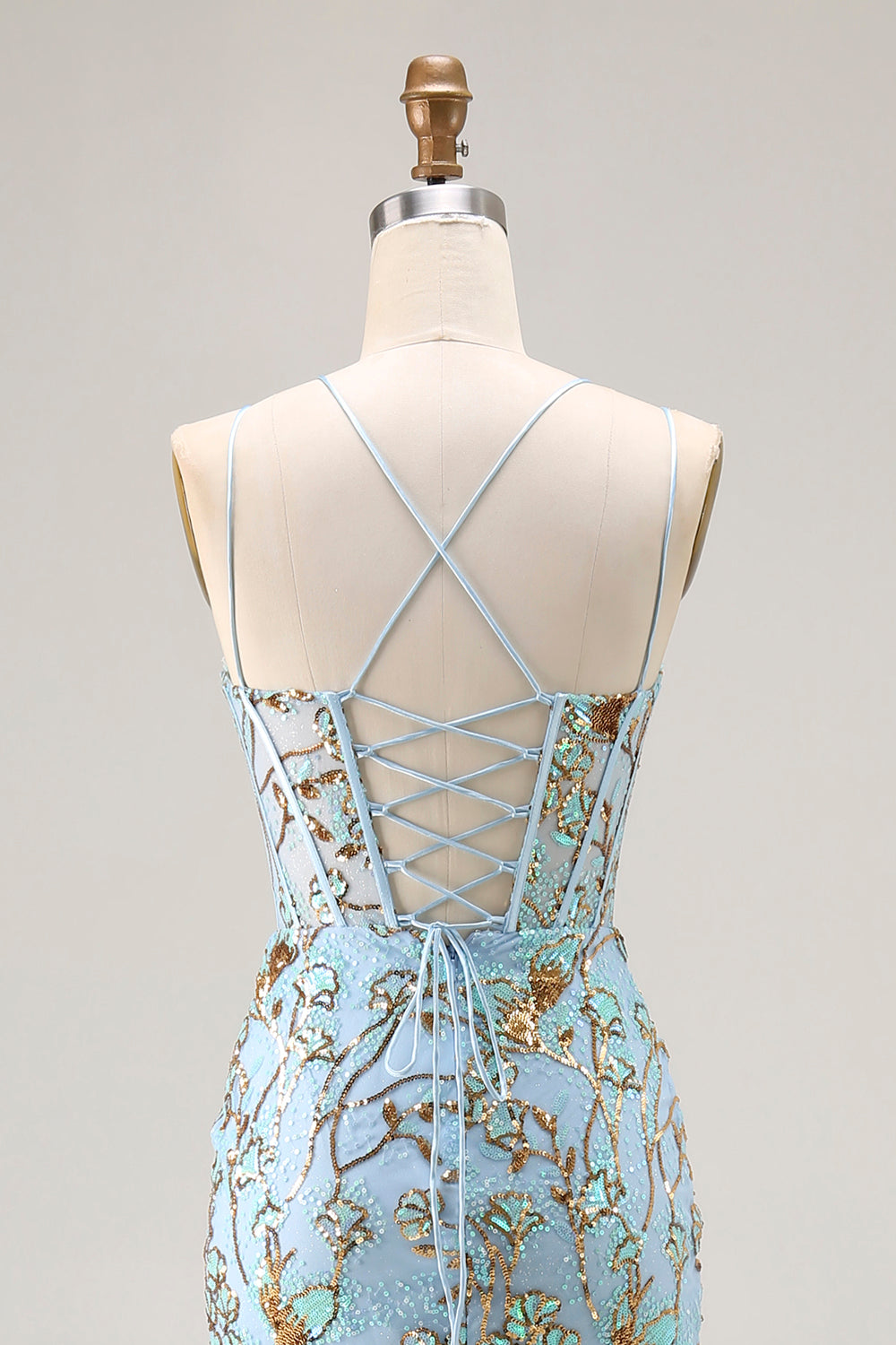 Sparkly Lake Blue Sequins Mermaid Long Corset Prom Dress with Slit